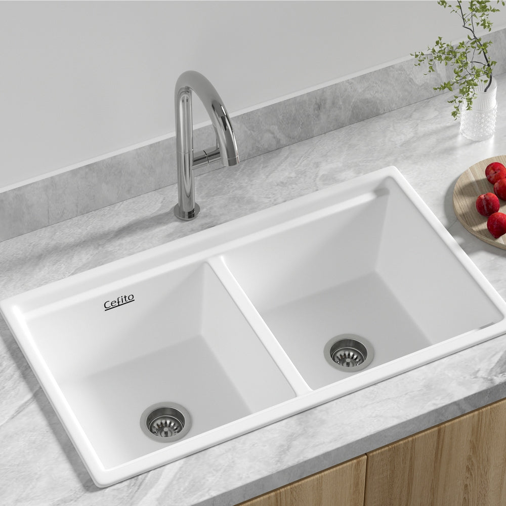 Cefito Kitchen Sink Stone Sink Granite Laundry Basin Double Bowl 79cmx46cm White - TRENDZ