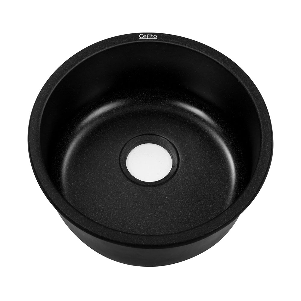 Cefito Stone Kitchen Sink Round 430MM Granite Under/Topmount Basin Bowl Laundry Black - TRENDZ