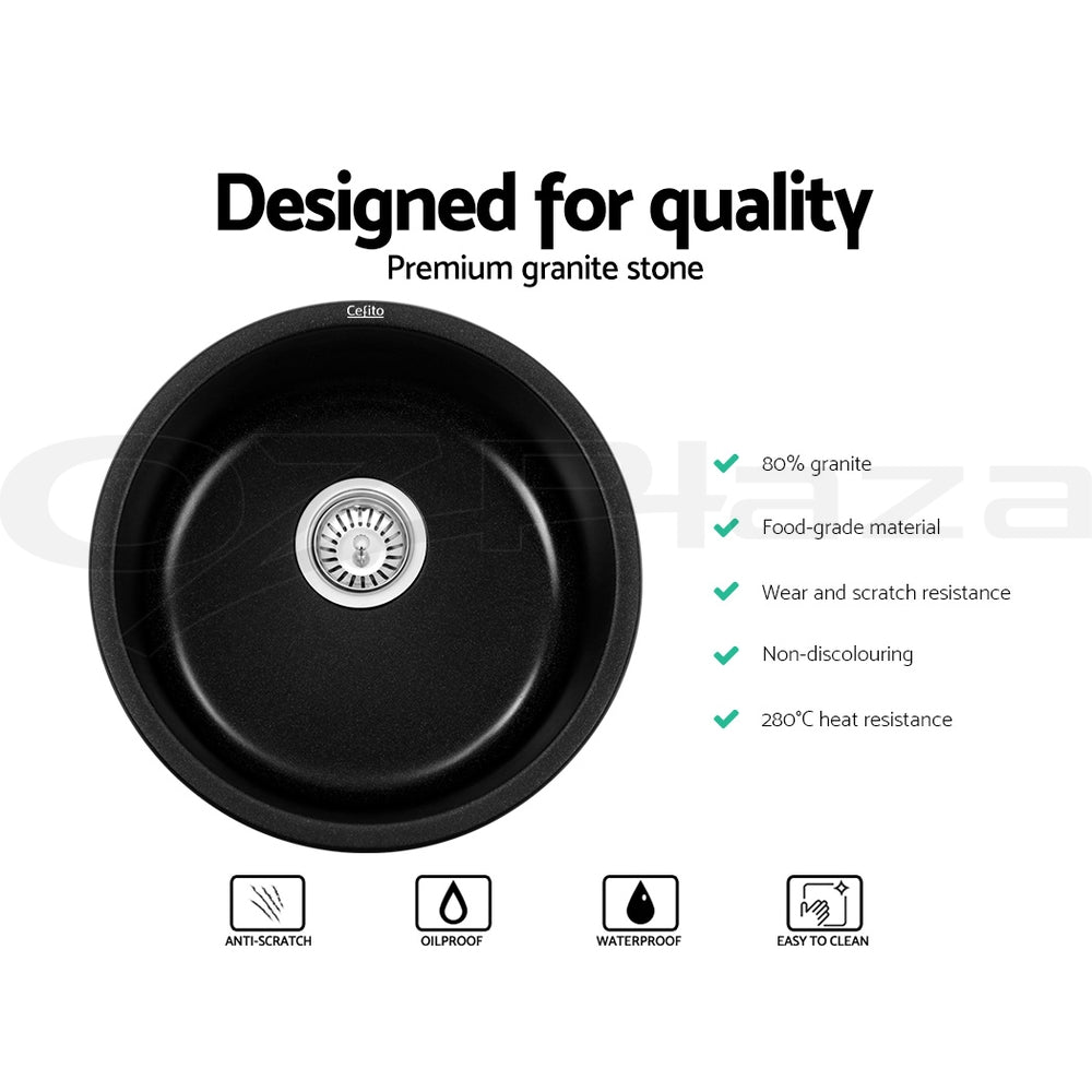 Cefito Stone Kitchen Sink Round 430MM Granite Under/Topmount Basin Bowl Laundry Black - TRENDZ