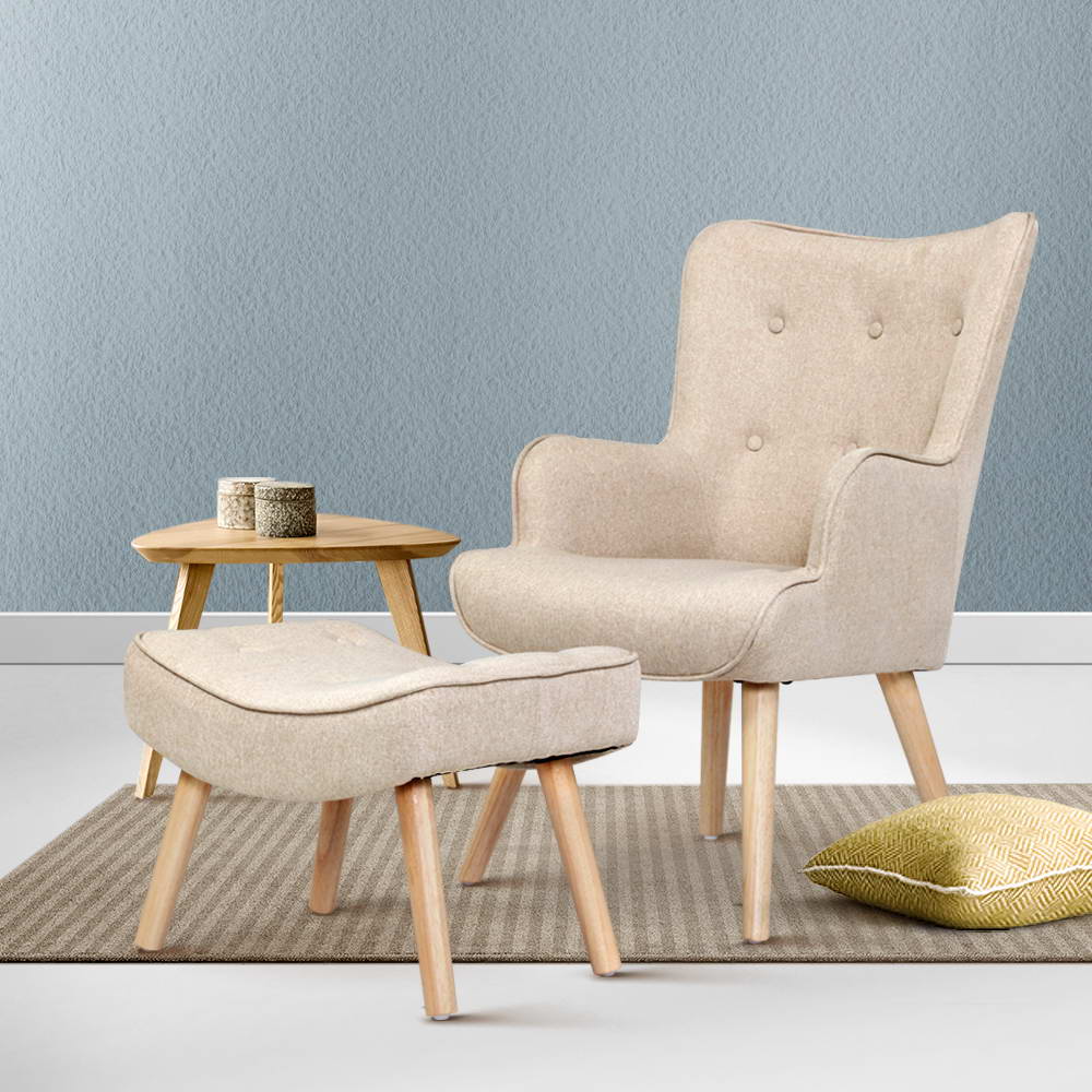 Artiss Armchair Set with Ottoman Beige Lansar - TRENDZ