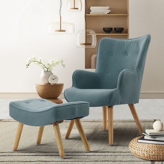 Artiss Armchair Set with Ottoman Blue Lansar - TRENDZ