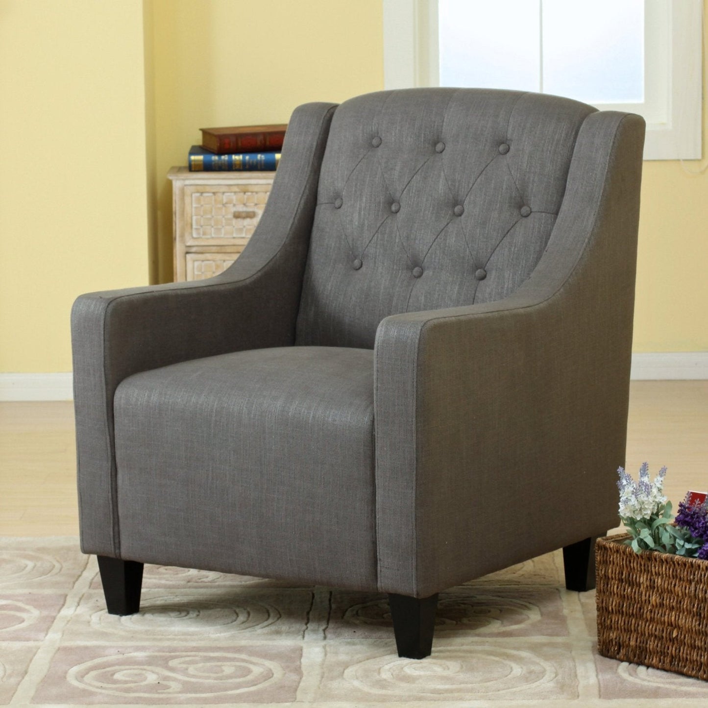 Canberra Tufted Chair & Ottoman Set – Grey Linen with Espresso Legs