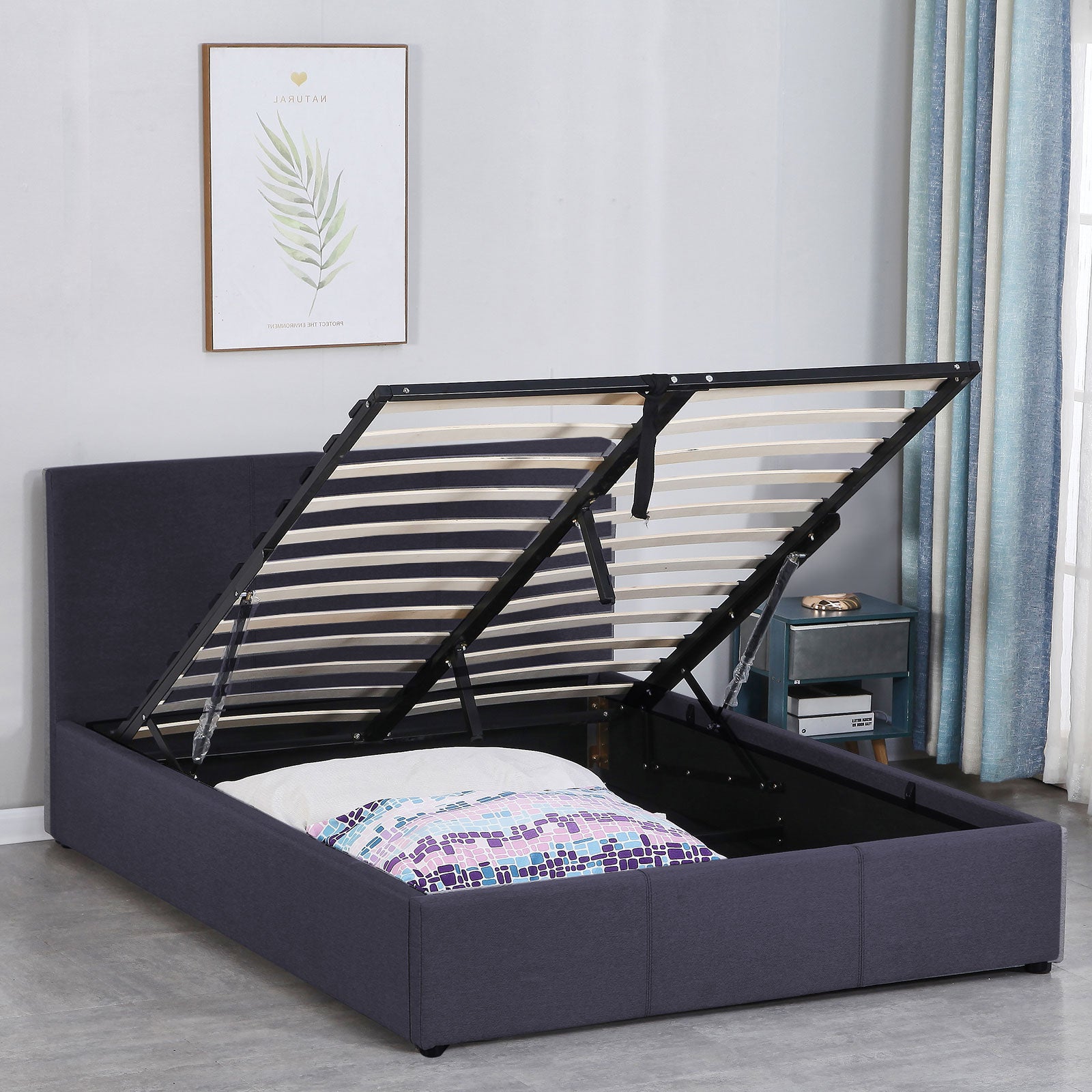 Milano Luxury Gas Lift Bed Frame Base And Headboard With Storage - King - Charcoal - TRENDZ