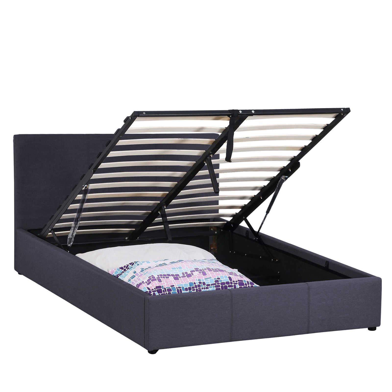 Milano Luxury Gas Lift Bed Frame Base And Headboard With Storage - King - Charcoal - TRENDZ