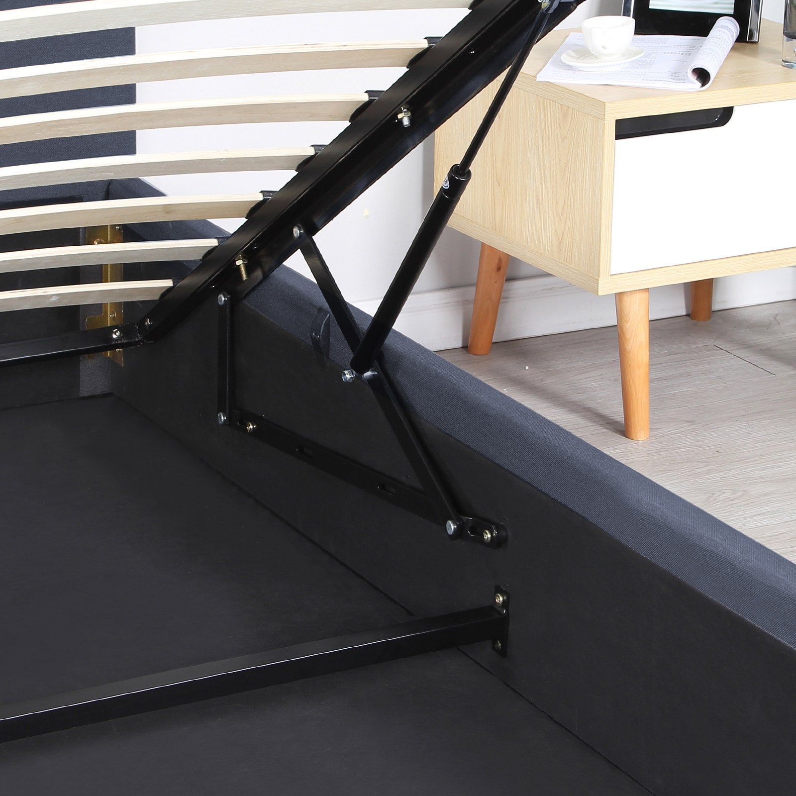 Milano Luxury Gas Lift Bed Frame Base And Headboard With Storage - King - Charcoal - TRENDZ