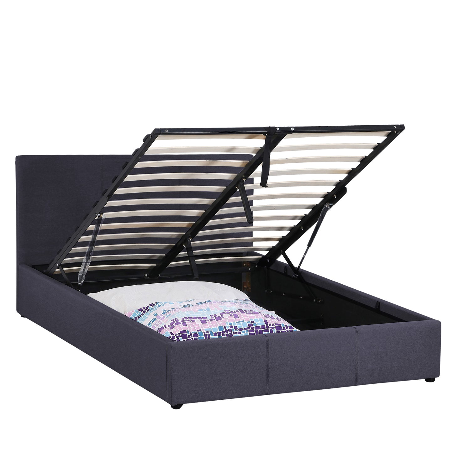 Milano Luxury Gas Lift Bed Frame Base And Headboard With Storage - King Single - Charcoal - TRENDZ