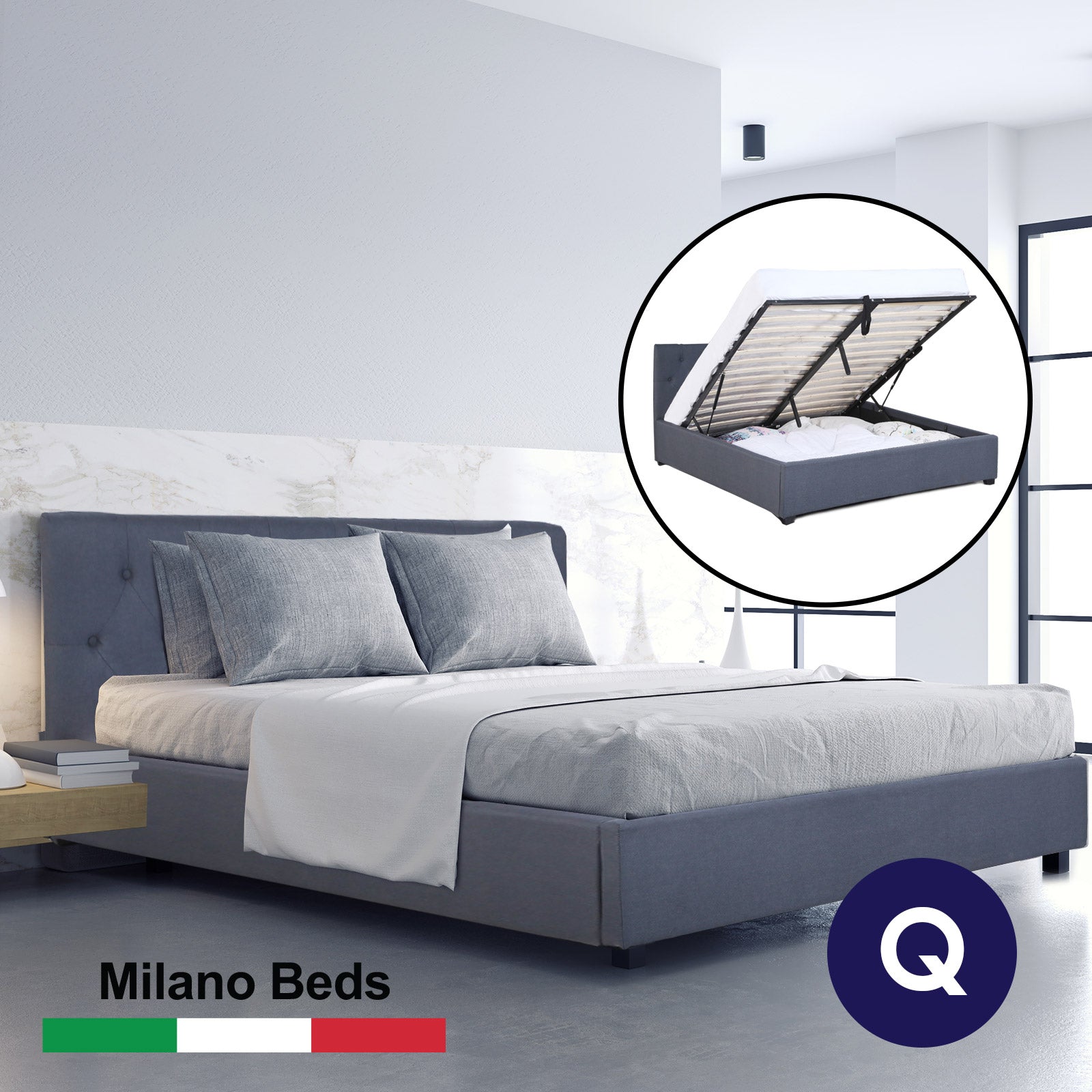 Milano Capri Luxury Gas Lift Bed Frame Base And Headboard With Storage - Queen - Charcoal - TRENDZ