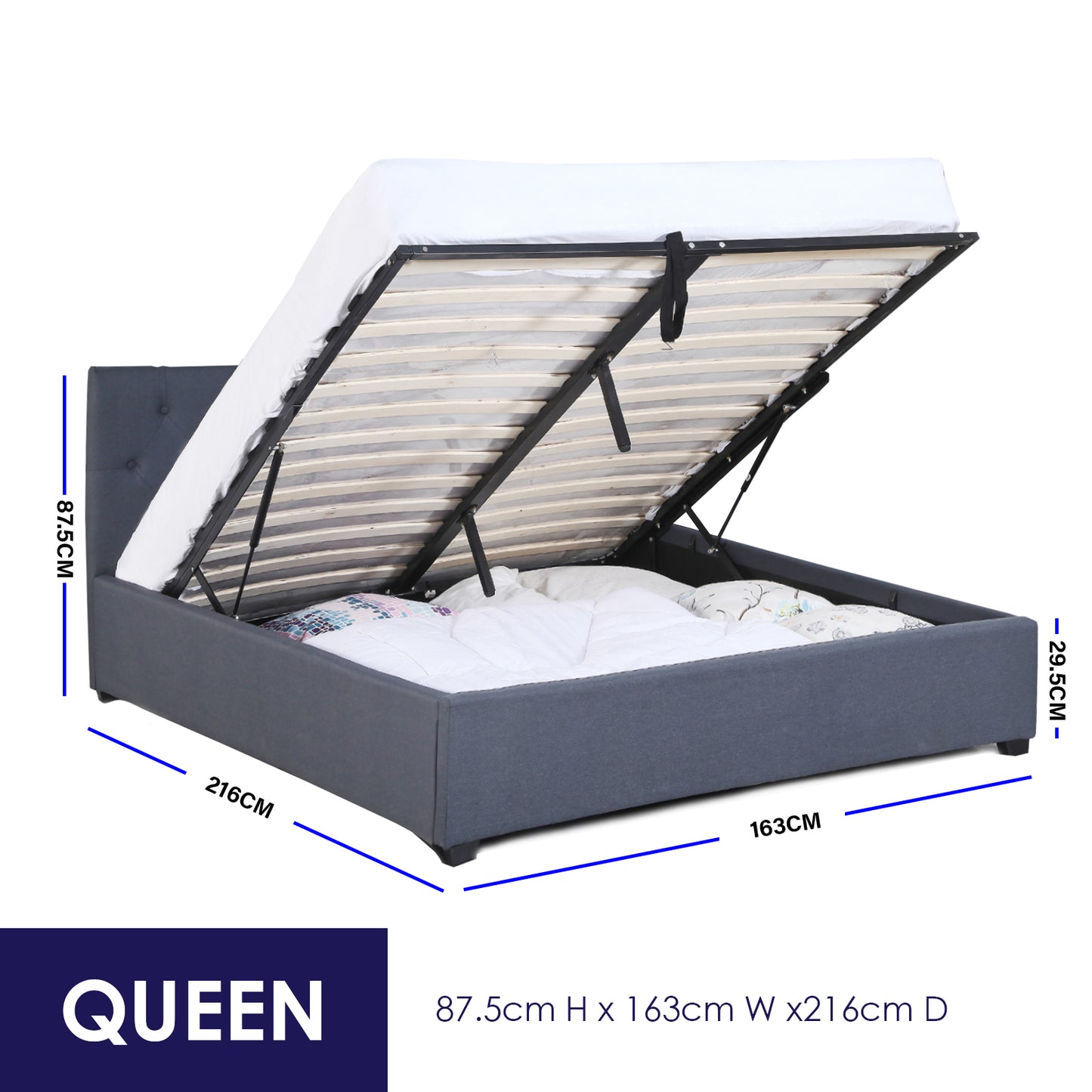 Milano Capri Luxury Gas Lift Bed Frame Base And Headboard With Storage - Queen - Charcoal - TRENDZ