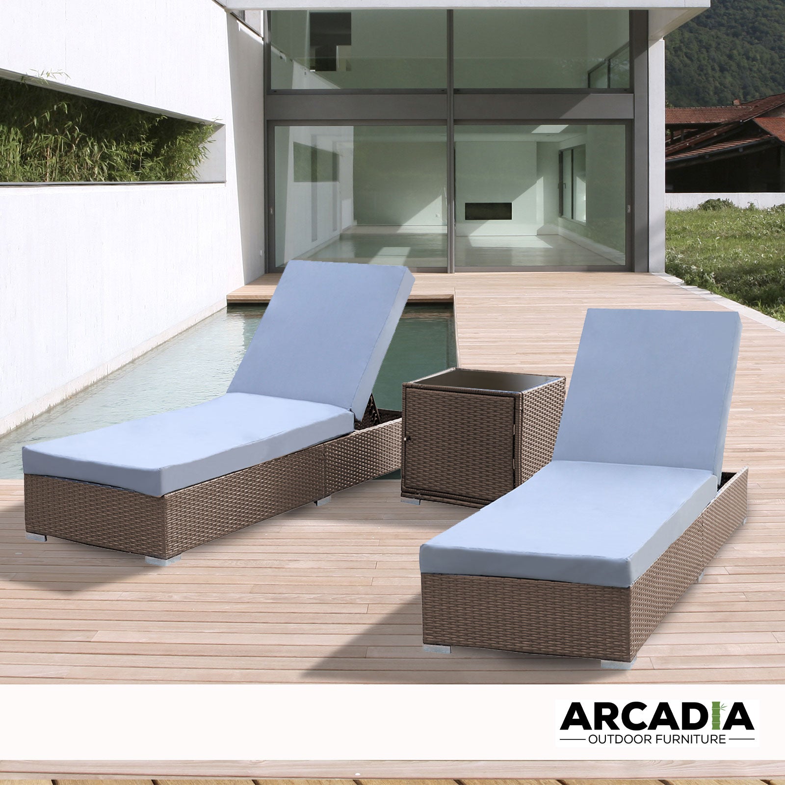 Arcadia Furniture Outdoor 3 Piece Sunlounge Set Rattan Garden Day Bed Lounger - Oatmeal and Grey - TRENDZ