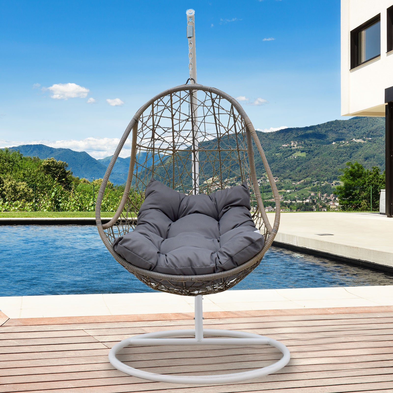 Arcadia Furniture Rocking Egg Chair Swing Lounge Hammock Pod Wicker Curved - Oatmeal and Grey - TRENDZ