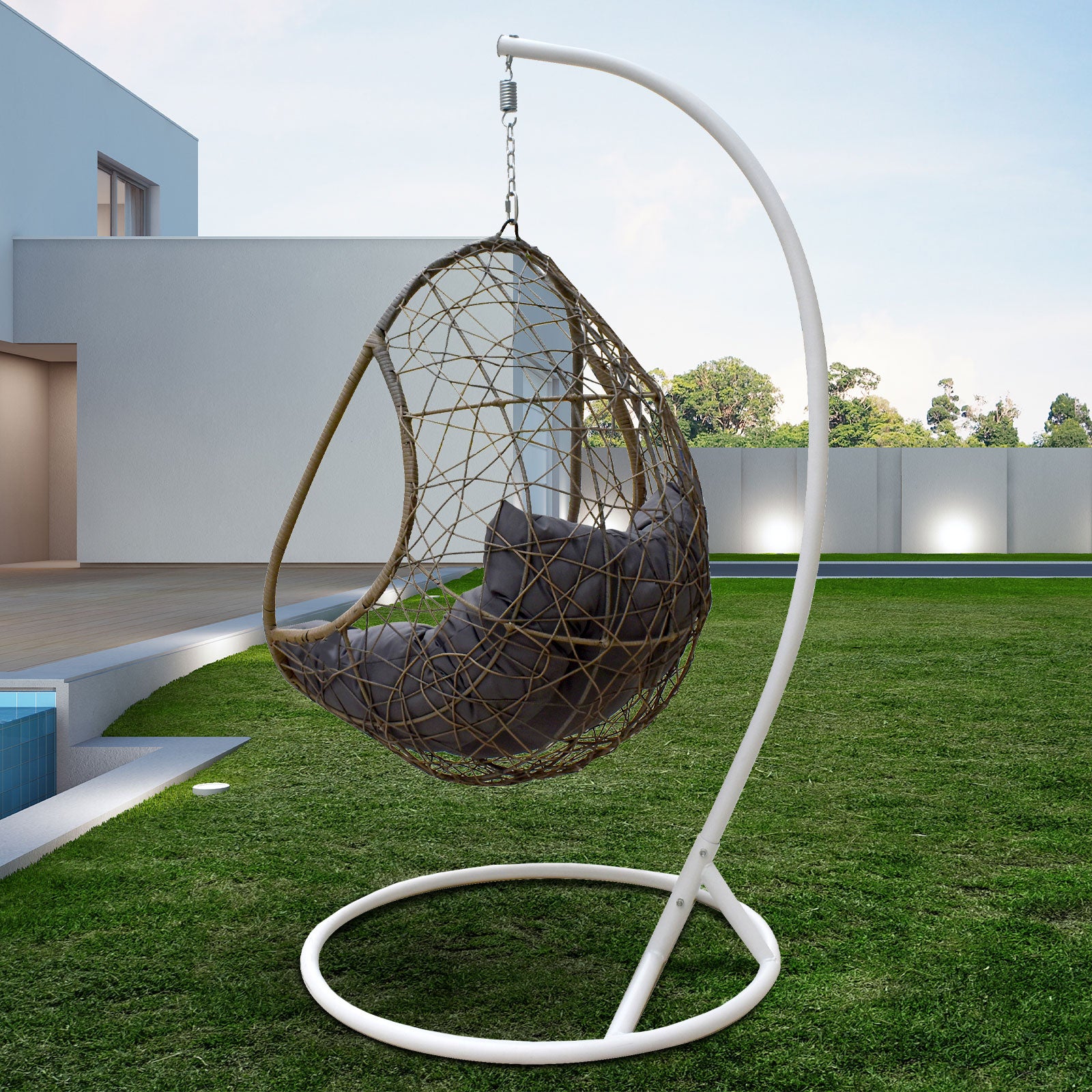Arcadia Furniture Rocking Egg Chair Swing Lounge Hammock Pod Wicker Curved - Oatmeal and Grey - TRENDZ
