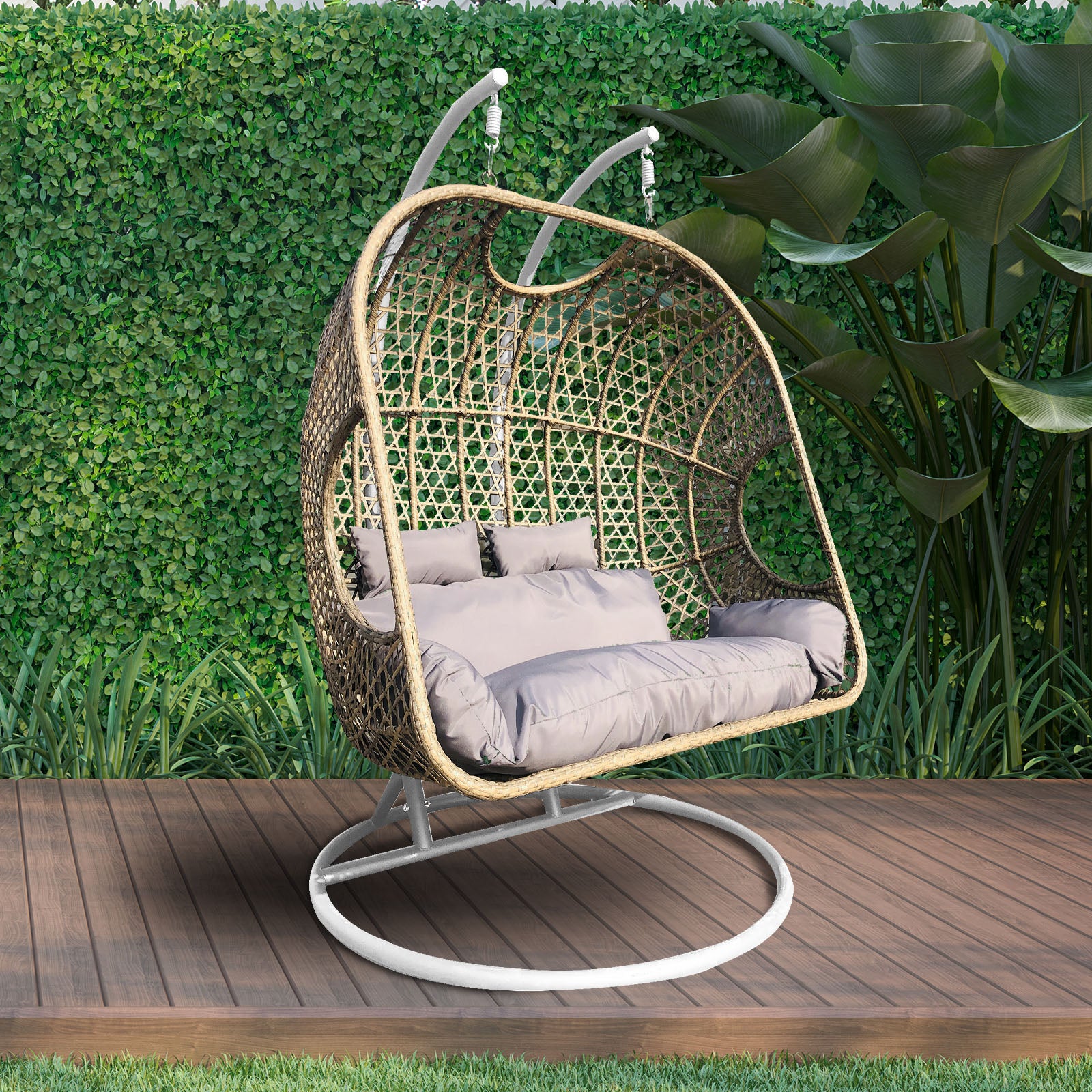 Arcadia Furniture 2 Seater Rocking Egg Chair Outdoor Wicker Rattan Patio Garden - Brown and Grey - TRENDZ