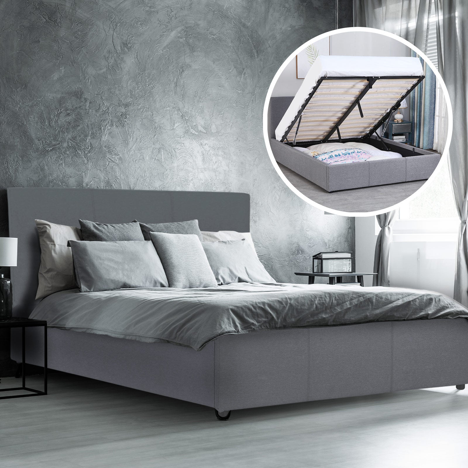Milano Luxury Gas Lift Bed Frame Base And Headboard With Storage - King - Grey - TRENDZ