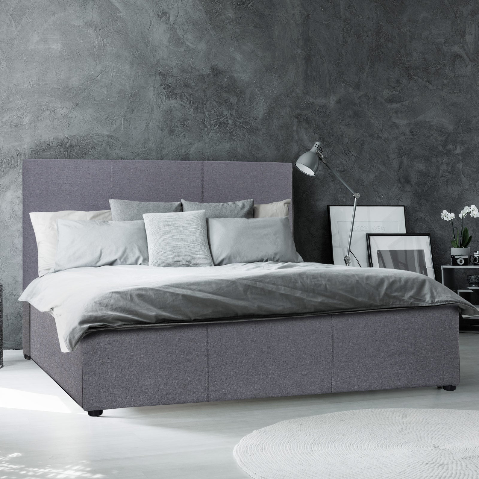 Milano Luxury Gas Lift Bed Frame Base And Headboard With Storage - King - Grey - TRENDZ