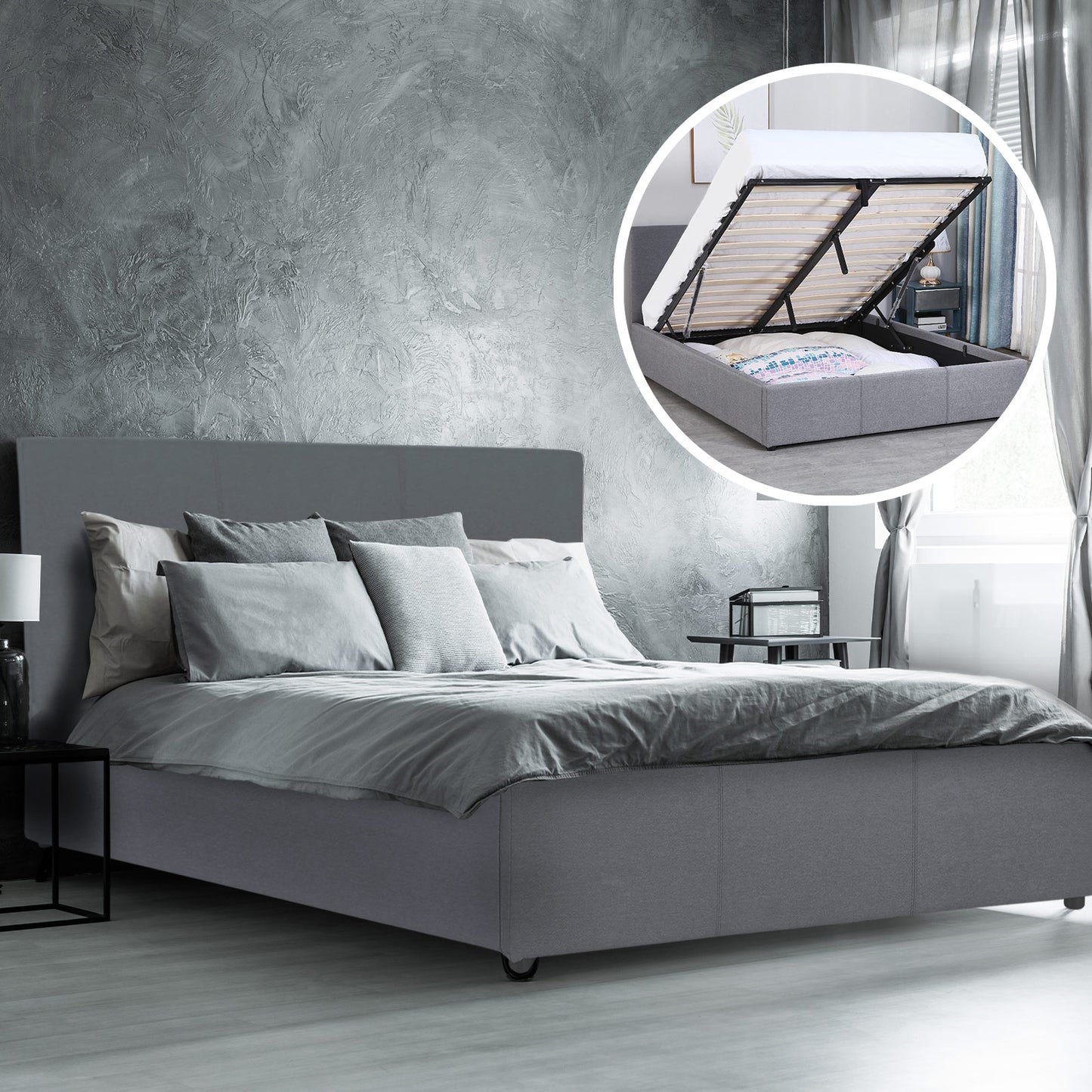 Milano Luxury Gas Lift Bed Frame Base And Headboard With Storage - King Single - Grey - TRENDZ