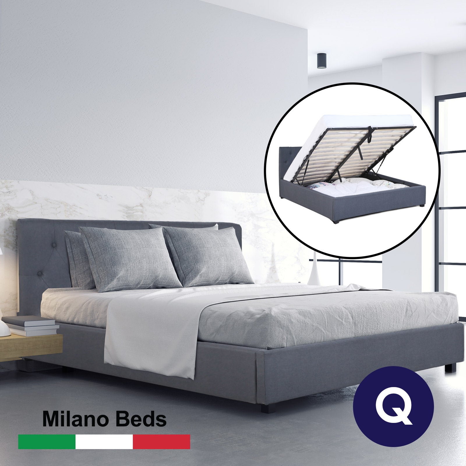 Milano Capri Luxury Gas Lift Bed Frame Base And Headboard With Storage - Queen - Grey - TRENDZ