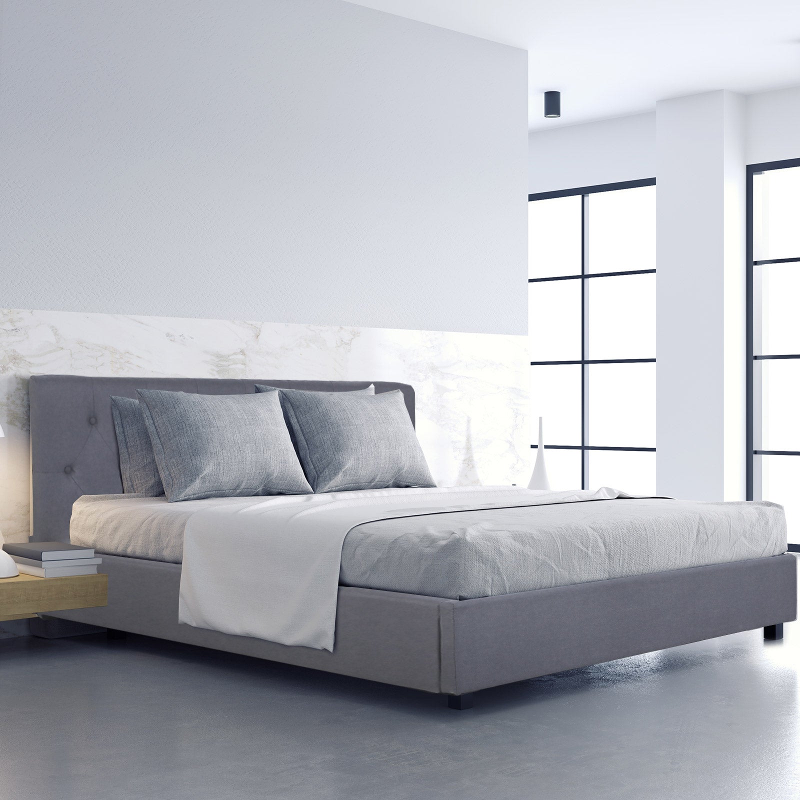 Milano Capri Luxury Gas Lift Bed Frame Base And Headboard With Storage - Queen - Grey - TRENDZ