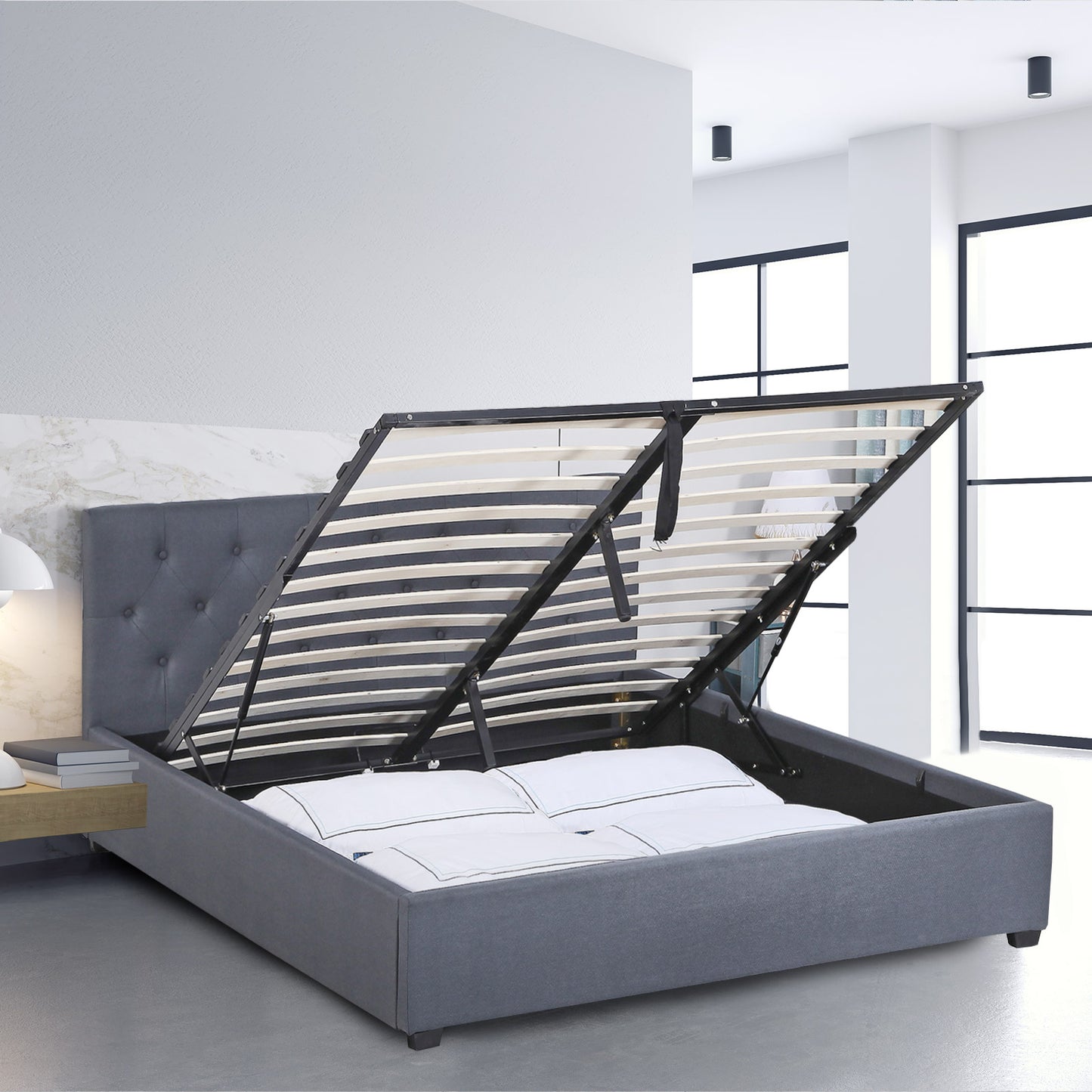 Milano Capri Luxury Gas Lift Bed Frame Base And Headboard With Storage - Queen - Grey - TRENDZ