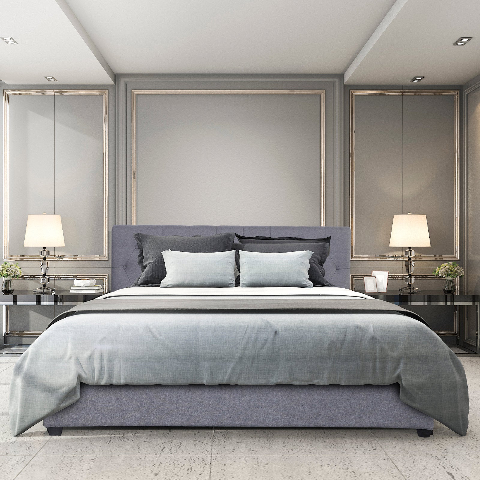 Milano Capri Luxury Gas Lift Bed Frame Base And Headboard With Storage - Queen - Grey - TRENDZ