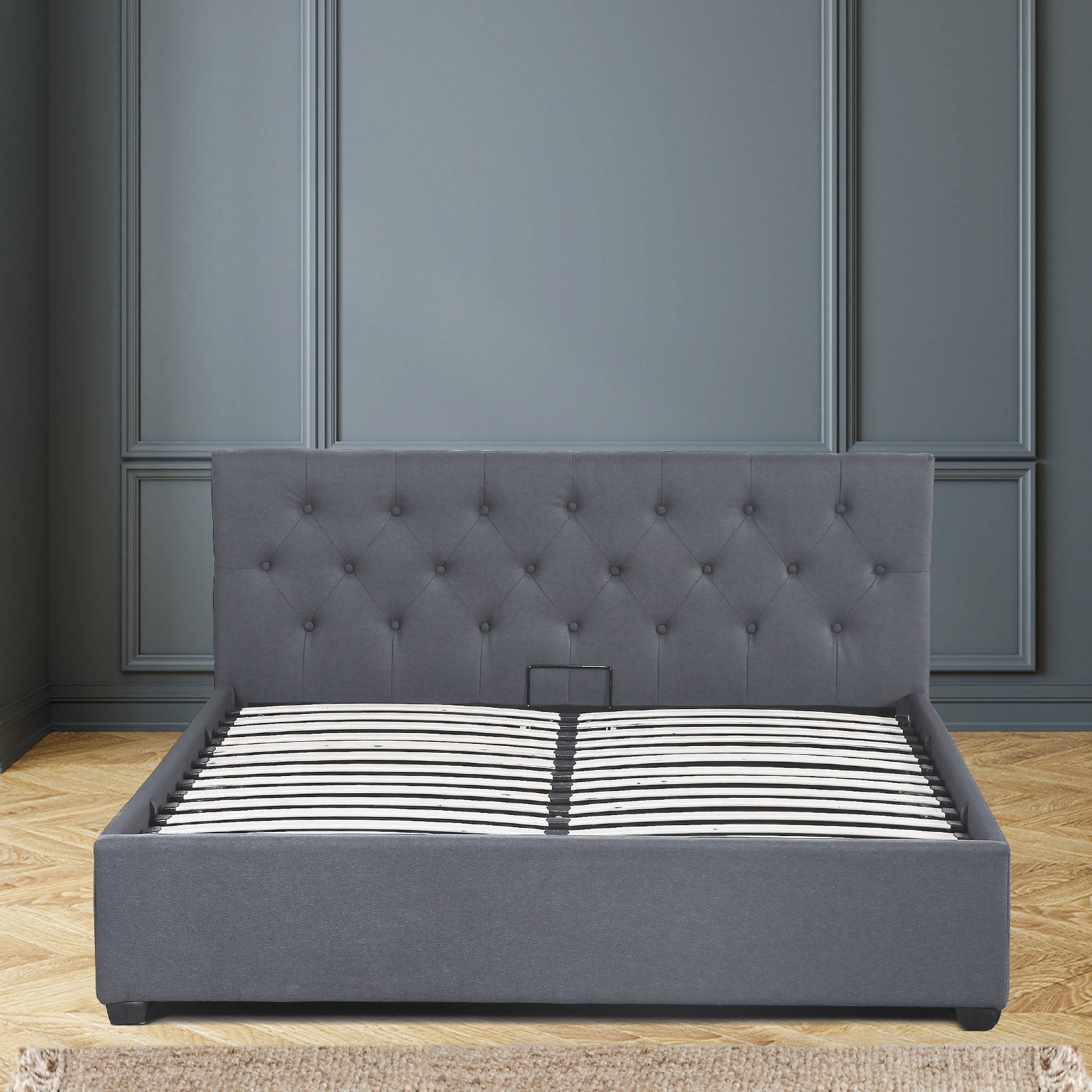 Milano Capri Luxury Gas Lift Bed Frame Base And Headboard With Storage - Queen - Grey - TRENDZ