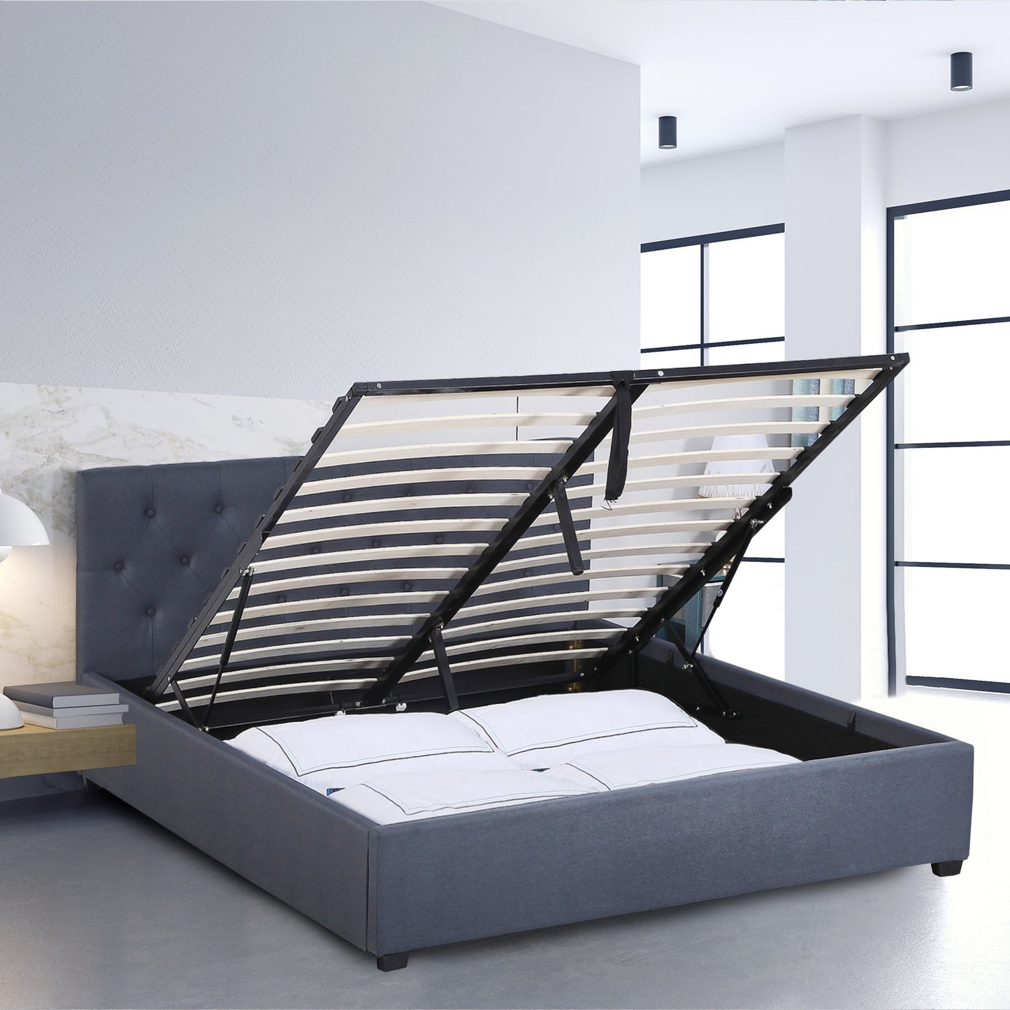 Milano Capri Luxury Gas Lift Bed Frame Base And Headboard With Storage - King - Charcoal - TRENDZ