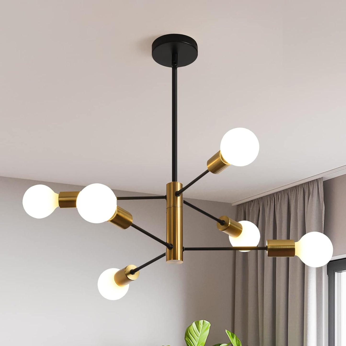 Mid Century Modern 6-Light Sputnik Chandelier – Black & Gold