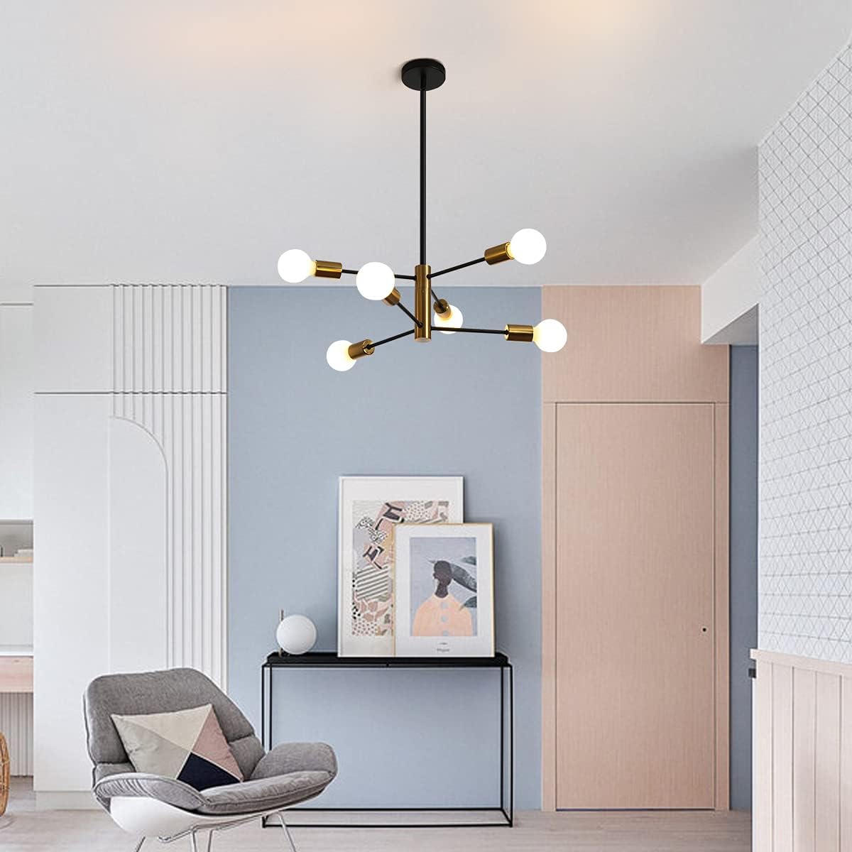 Mid Century Modern 6-Light Sputnik Chandelier – Black & Gold