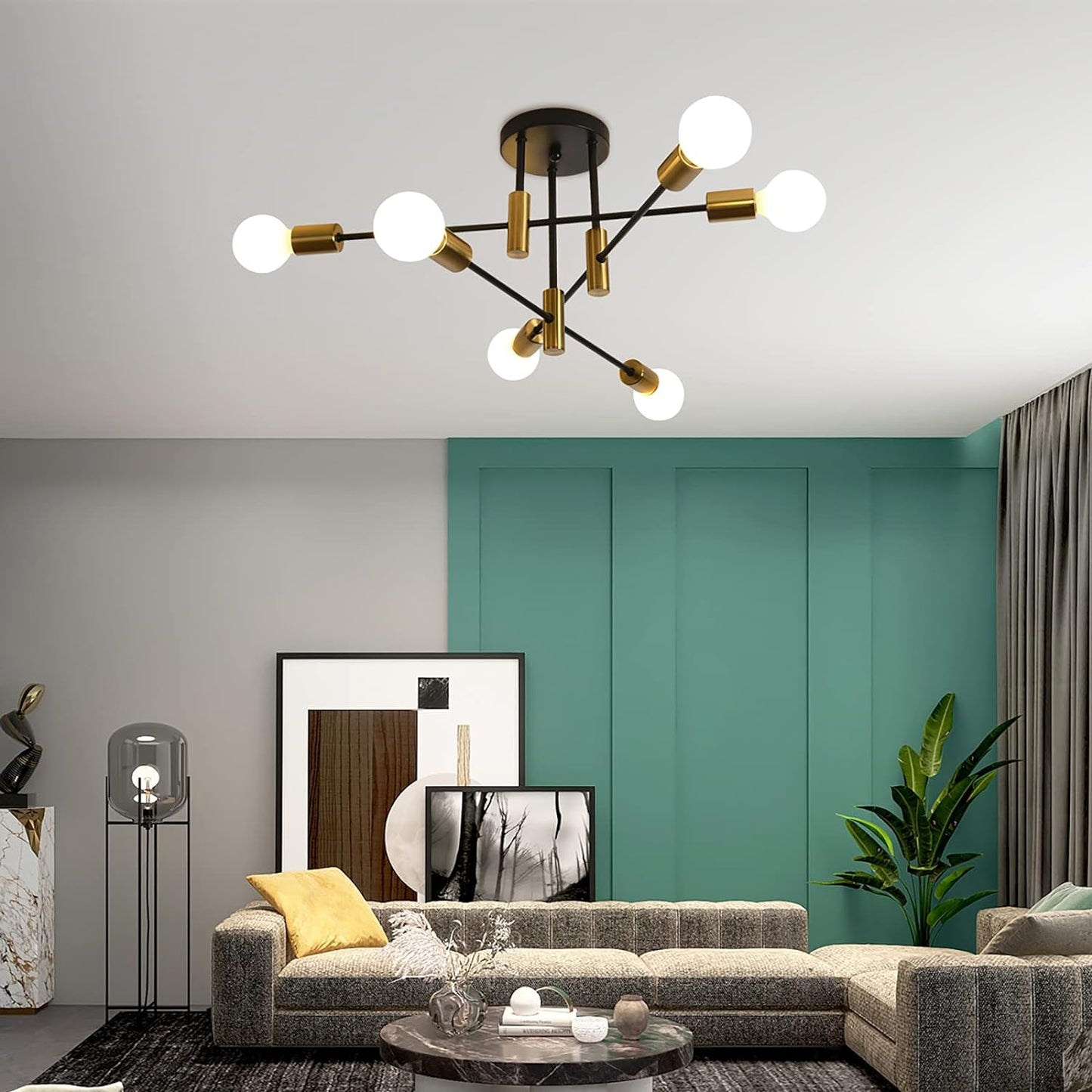 Mid Century Modern 6-Light Sputnik Chandelier – Black & Gold