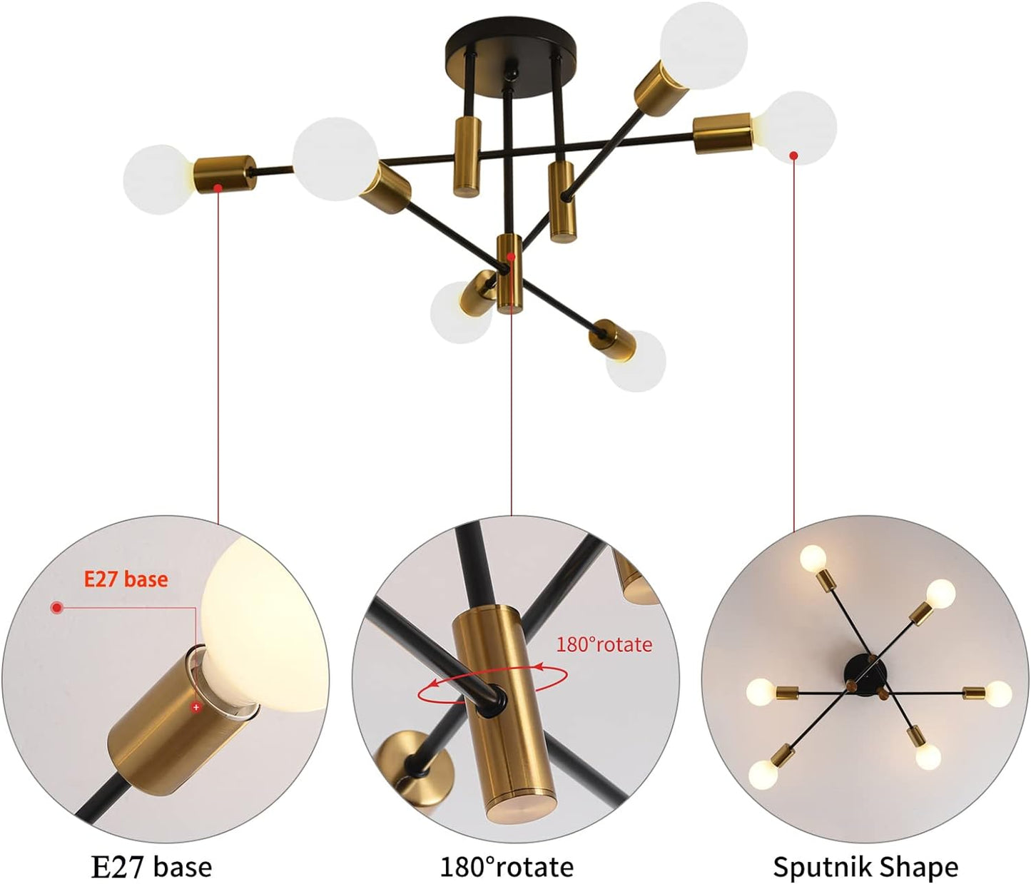 Mid Century Modern 6-Light Sputnik Chandelier – Black & Gold