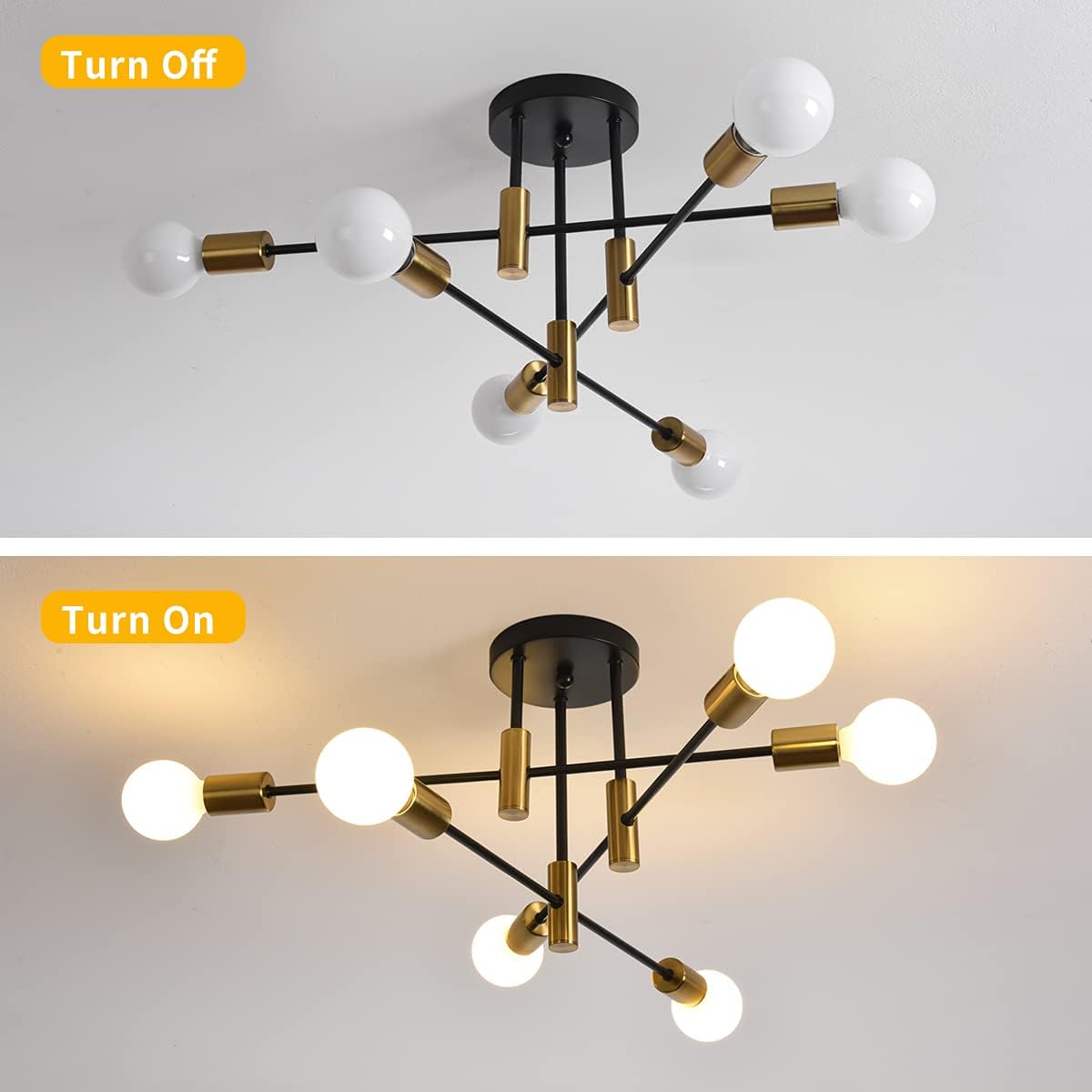 Mid Century Modern 6-Light Sputnik Chandelier – Black & Gold