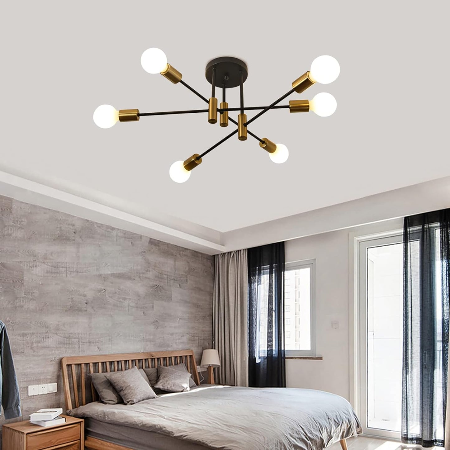 Mid Century Modern 6-Light Sputnik Chandelier – Black & Gold