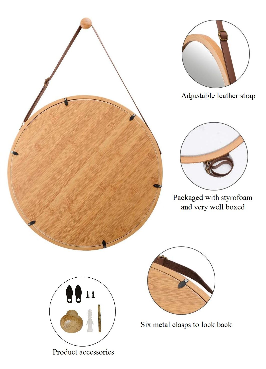 Hanging Round Wall Mirror 45 cm - Solid Bamboo Frame and Adjustable Leather Strap for Bathroom and Bedroom - TRENDZ
