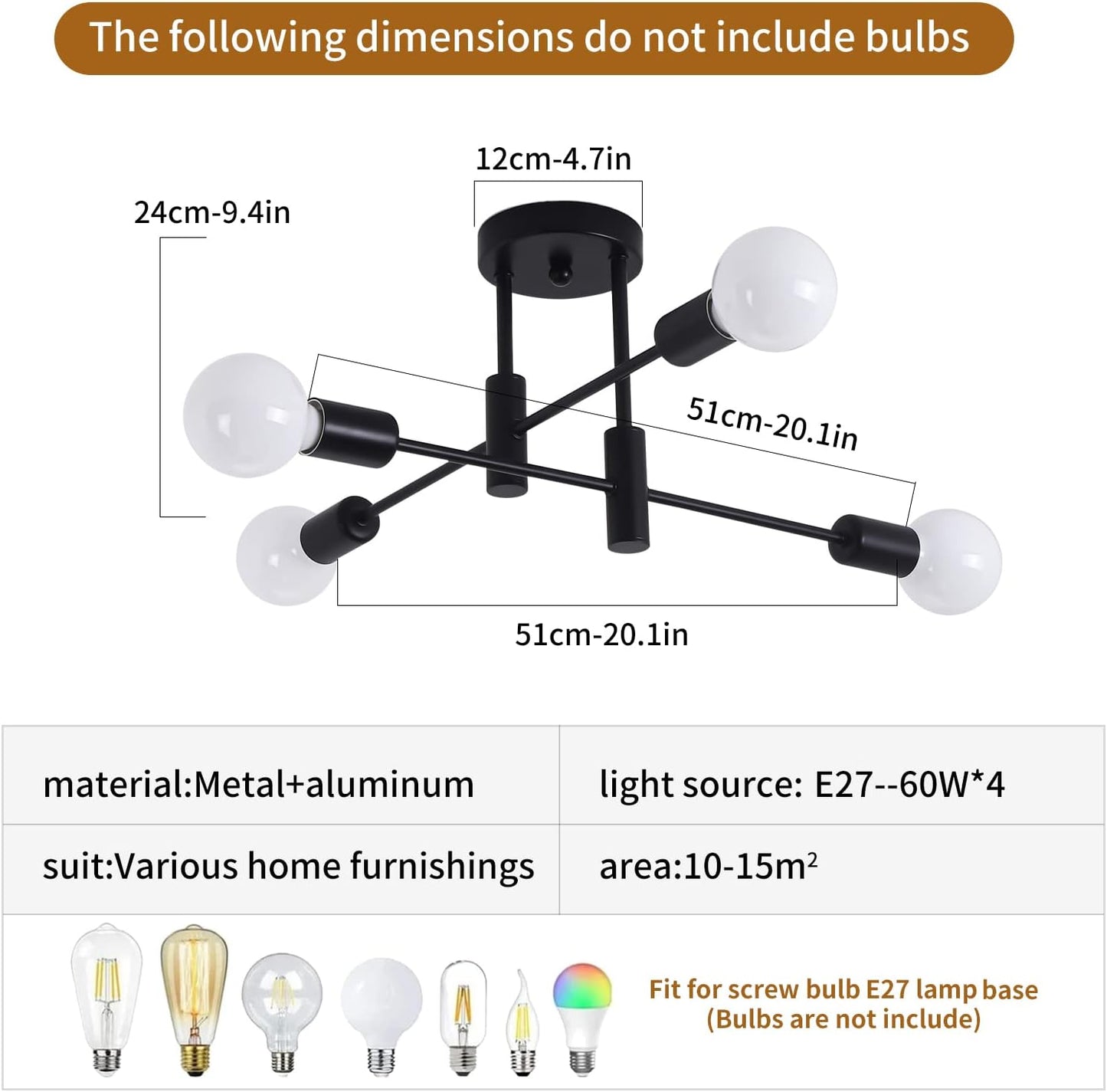 Mid Century Modern 4-Light Sputnik Chandelier – Black & Gold