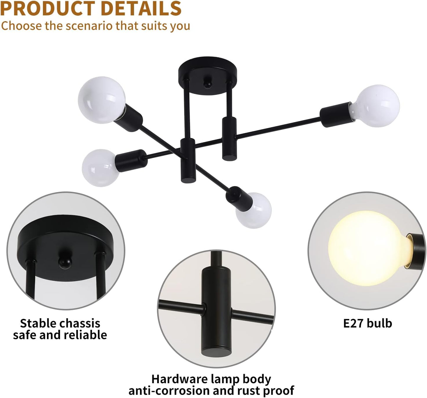 Mid Century Modern 4-Light Sputnik Chandelier – Black & Gold