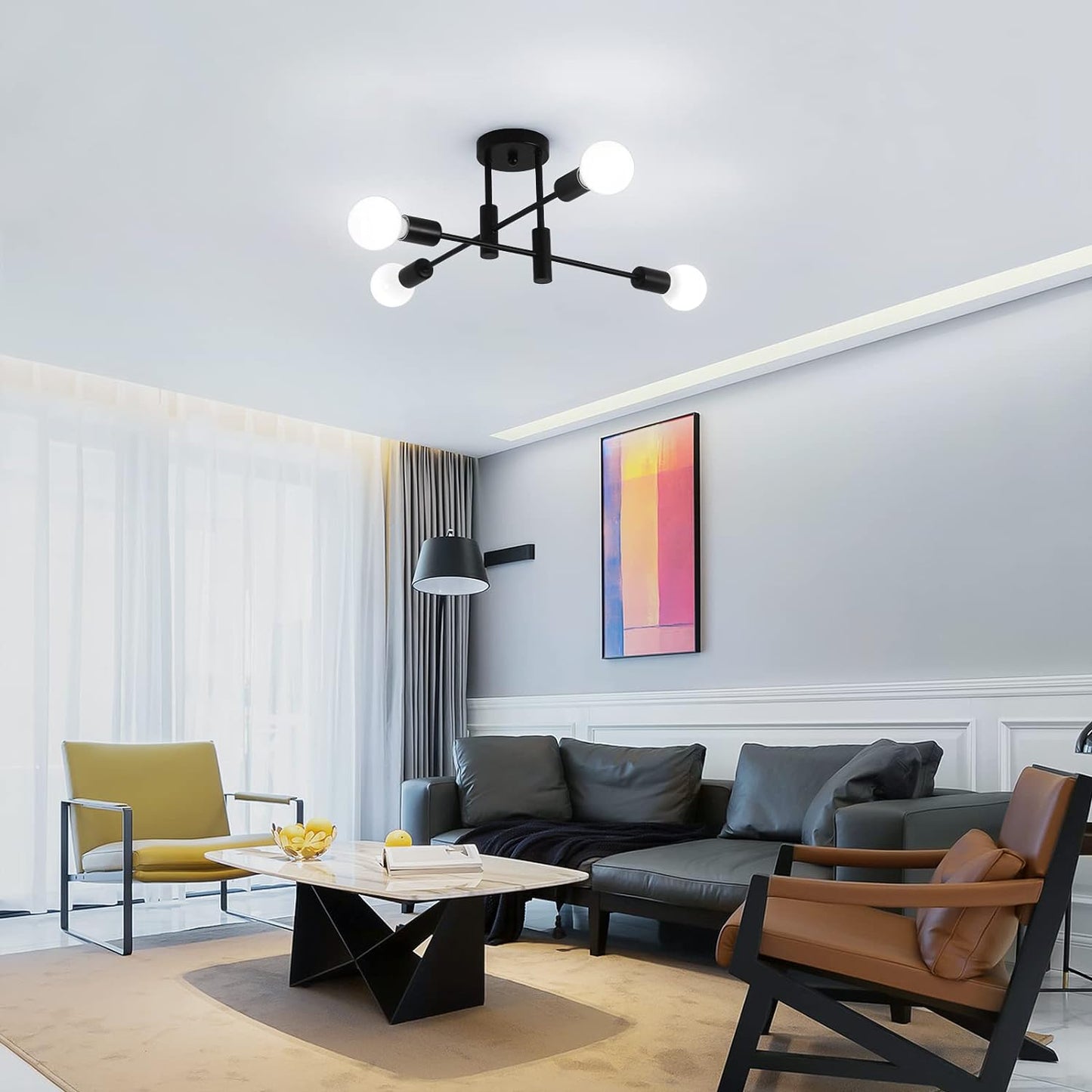 Mid Century Modern 4-Light Sputnik Chandelier – Black & Gold