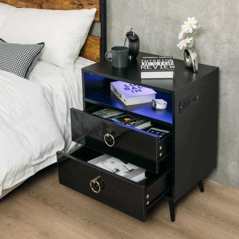 Amelia Modern LED Bedside table with USB and power socket black x 2 - TRENDZ