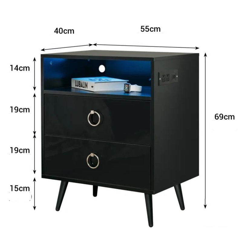 Amelia Modern LED Bedside table with USB and power socket black x 2 - TRENDZ