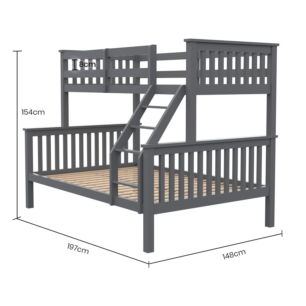 Kingston Slumber Bunk Bed Triple Wooden Single Over Double Beds for Kids, Solid Pine Wood, Convertible Design, Grey - TRENDZ