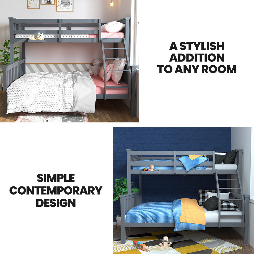 Kingston Slumber Bunk Bed Triple Wooden Single Over Double Beds for Kids, Solid Pine Wood, Convertible Design, Grey - TRENDZ