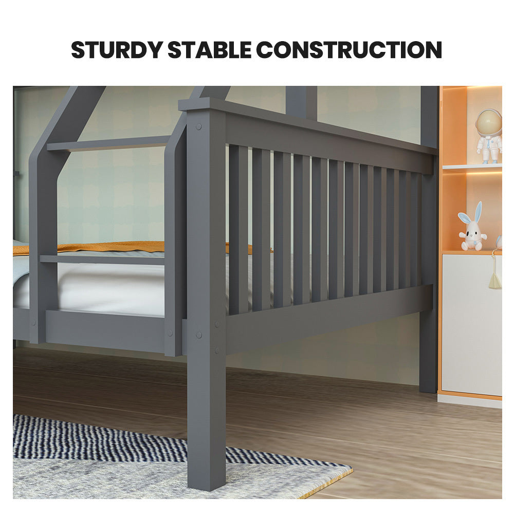 Kingston Slumber Bunk Bed Triple Wooden Single Over Double Beds for Kids, Solid Pine Wood, Convertible Design, Grey - TRENDZ