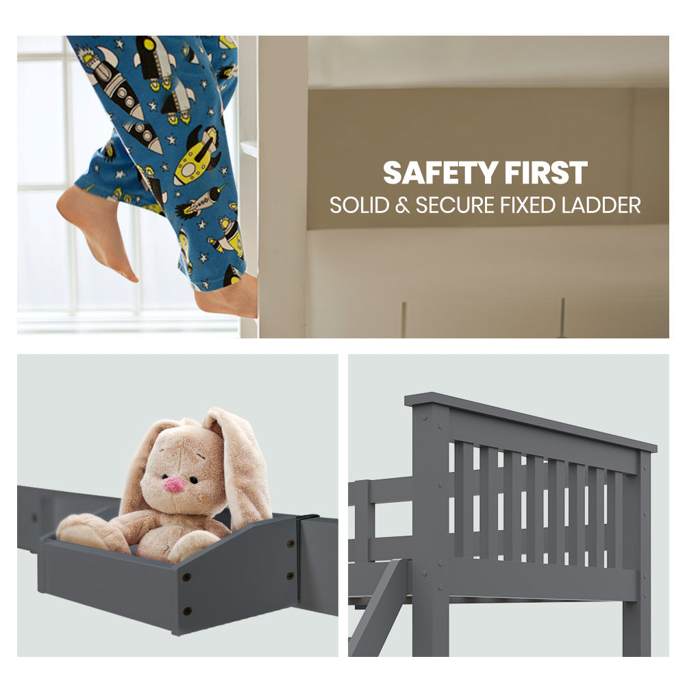 Kingston Slumber Bunk Bed Triple Wooden Single Over Double Beds for Kids, Solid Pine Wood, Convertible Design, Grey - TRENDZ