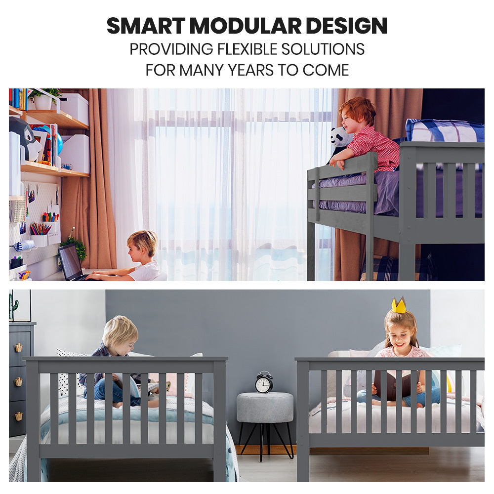 Kingston Slumber Bunk Bed Triple Wooden Single Over Double Beds for Kids, Solid Pine Wood, Convertible Design, Grey - TRENDZ