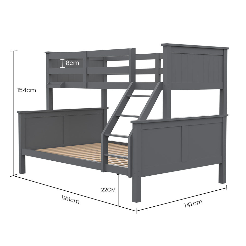 Kingston Slumber Triple Wooden Single Over Double Bunk Bed Frame for Kids, Convertible Design, Grey - TRENDZ