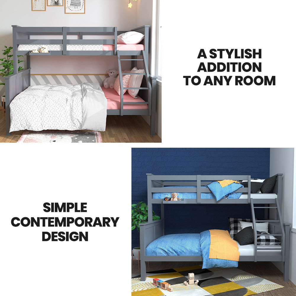 Kingston Slumber Triple Wooden Single Over Double Bunk Bed Frame for Kids, Convertible Design, Grey - TRENDZ