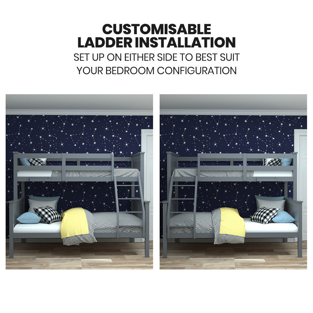 Kingston Slumber Triple Wooden Single Over Double Bunk Bed Frame for Kids, Convertible Design, Grey - TRENDZ