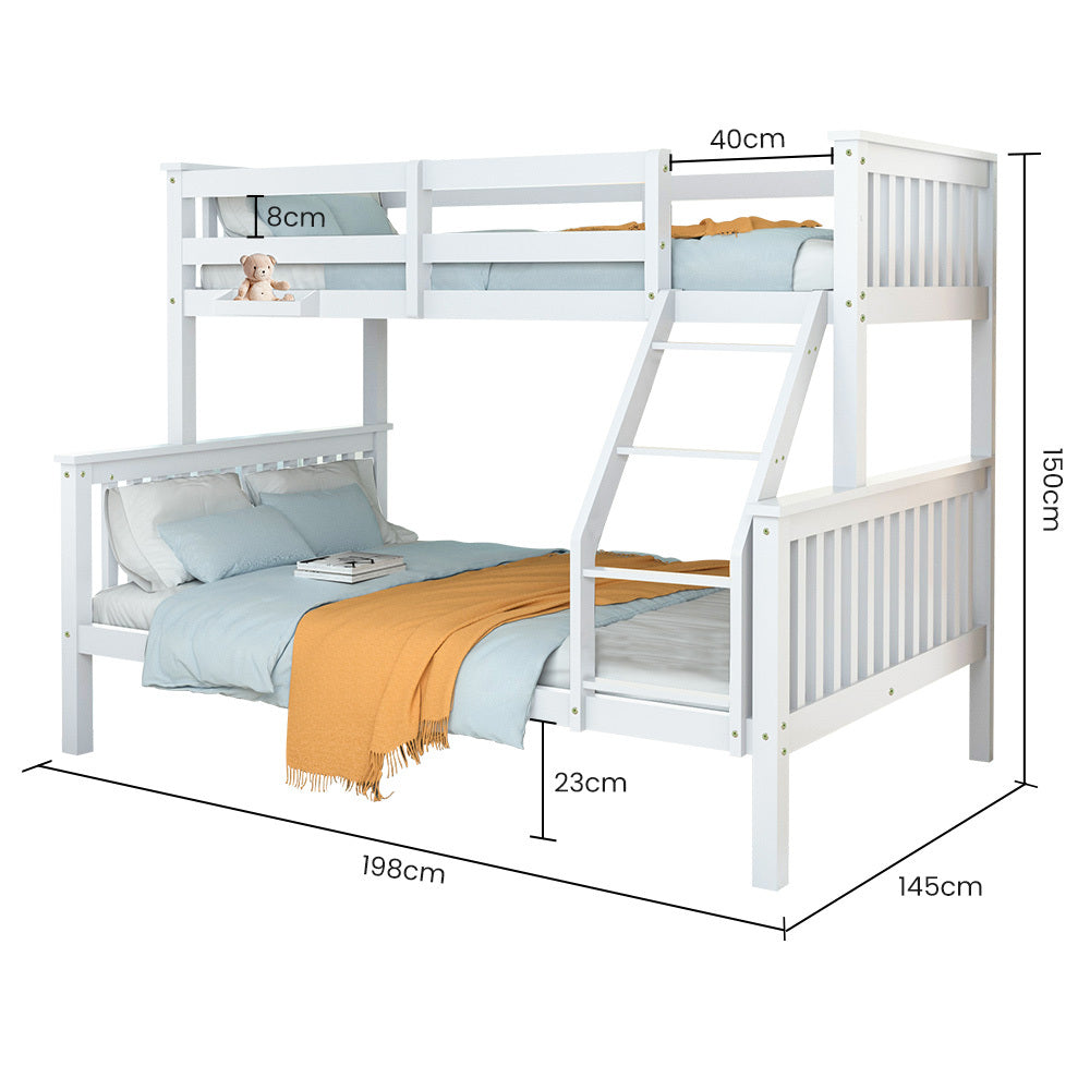 Kingston Slumber Single Over Double Wooden Bunk Bed Frame, Triple Solid Pine 2-in-1 Modular Design, Converts to 2 Beds, For Kids, White - TRENDZ