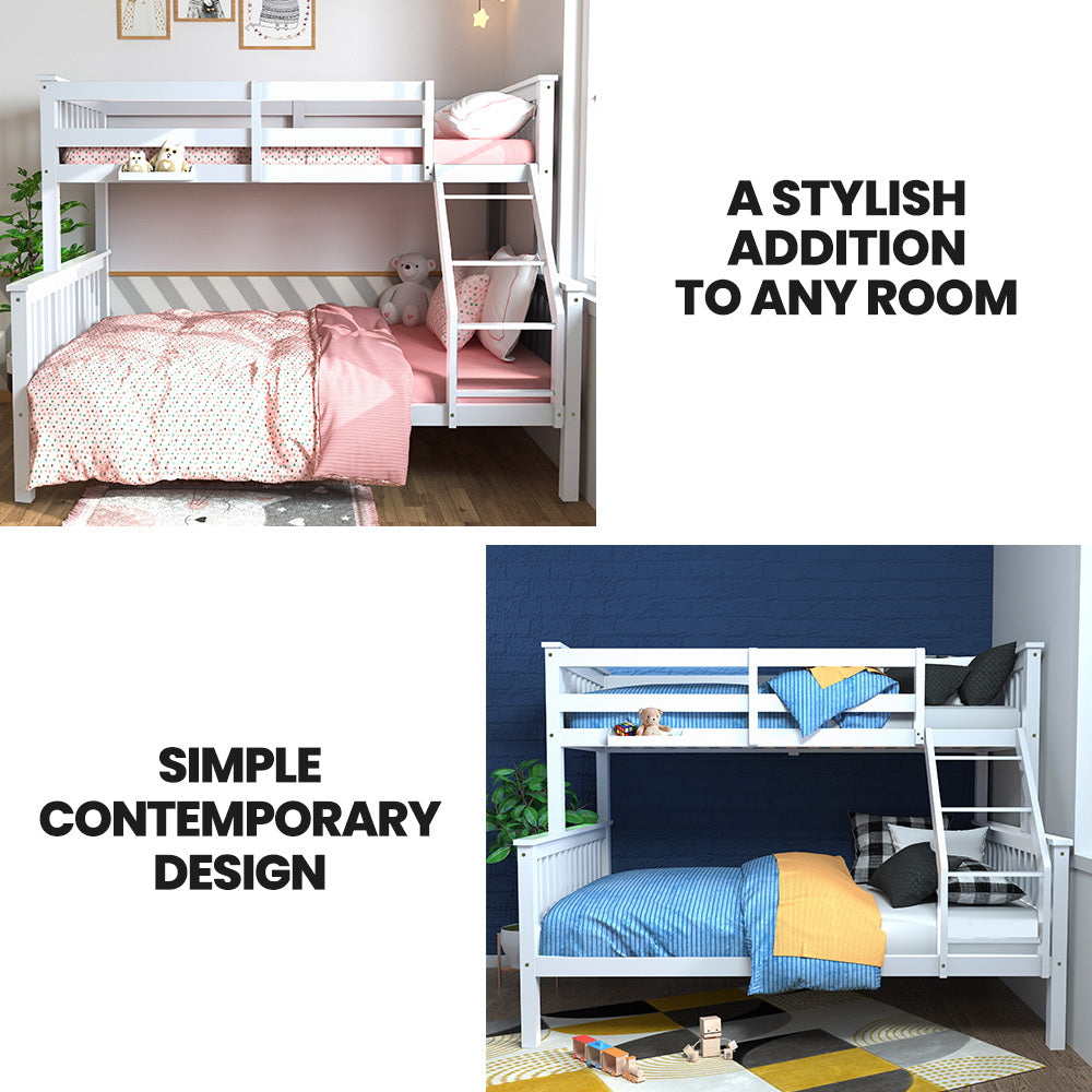 Kingston Slumber Single Over Double Wooden Bunk Bed Frame, Triple Solid Pine 2-in-1 Modular Design, Converts to 2 Beds, For Kids, White - TRENDZ