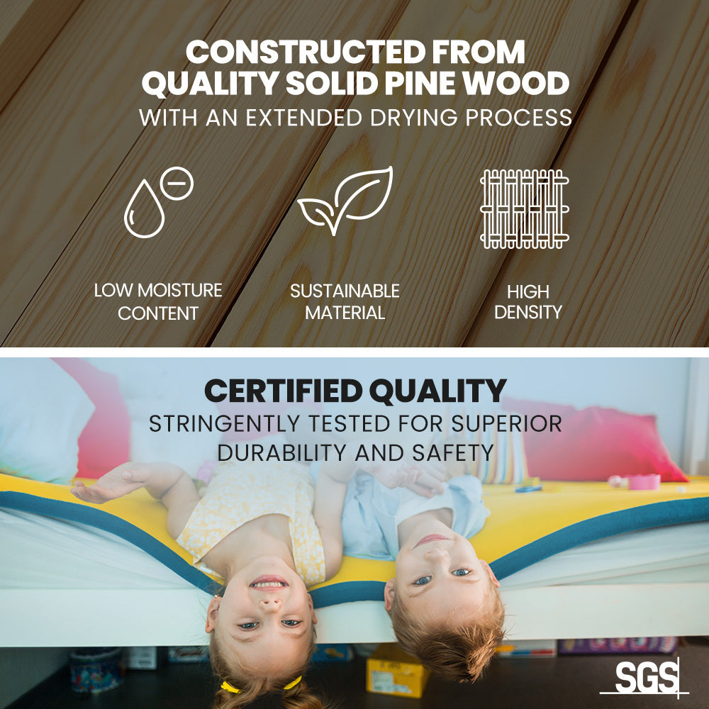 Kingston Slumber Single Over Double Wooden Bunk Bed Frame, Triple Solid Pine 2-in-1 Modular Design, Converts to 2 Beds, For Kids, White - TRENDZ