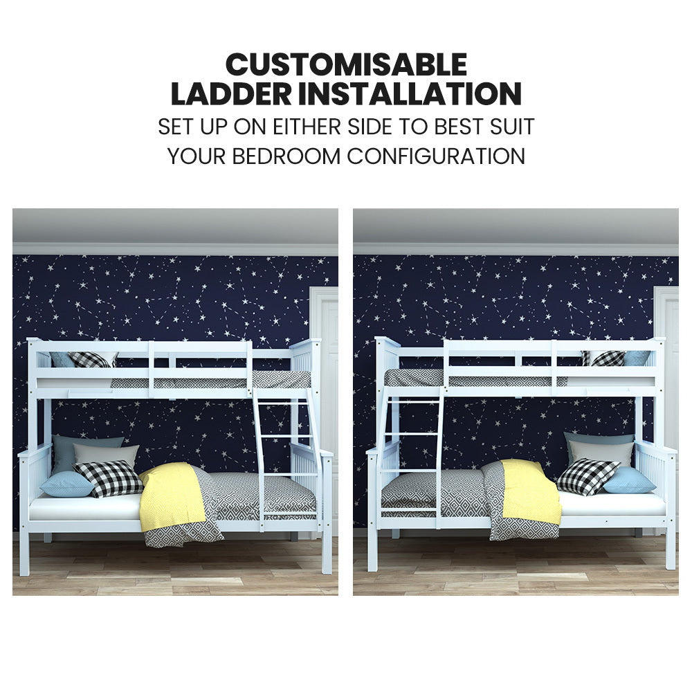 Kingston Slumber Single Over Double Wooden Bunk Bed Frame, Triple Solid Pine 2-in-1 Modular Design, Converts to 2 Beds, For Kids, White - TRENDZ