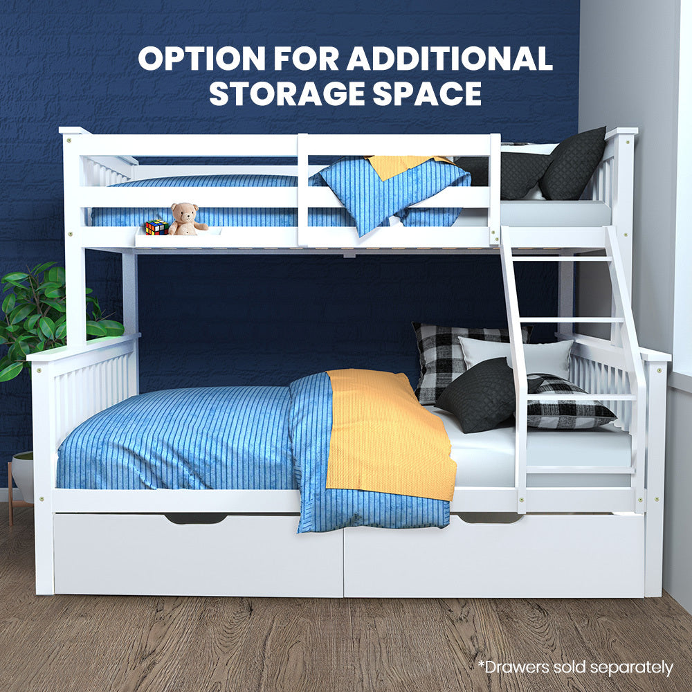 Kingston Slumber Single Over Double Wooden Bunk Bed Frame, Triple Solid Pine 2-in-1 Modular Design, Converts to 2 Beds, For Kids, White - TRENDZ